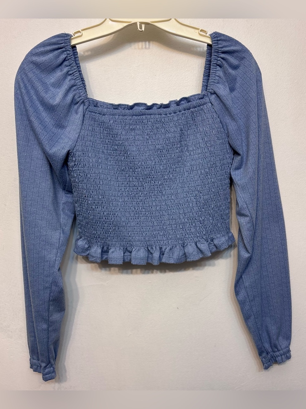 SO Blue Peasant Boho Smocked Crop Top With Puff Sleeves Women’s Size Small